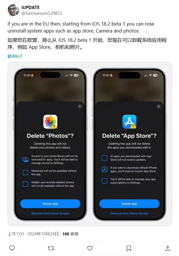 鄂伦春苹果手机维修分享iOS 18.2 支持删除 App Store 应用商店 