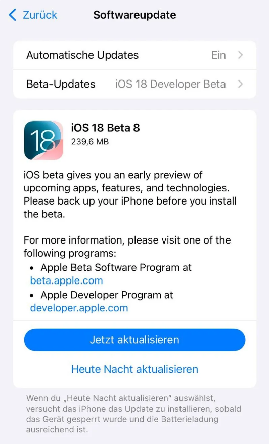 鄂伦春苹果手机维修分享苹果 iOS / iPadOS 18 开发者预览版 Beta 8 发布 